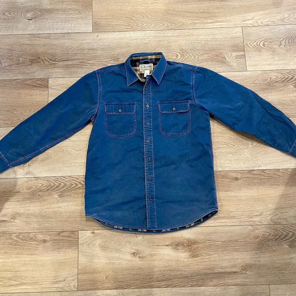 L.L. Bean Men's M Denim Long Sleeve Button Up Shacket VTG Plaid Flannel Lined
